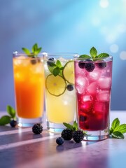 refreshing trio of colorful fruit beverages with ice, garnished with mint, lime, blueberries, and blackberries on a vibrant blue and purple sunlit background, nature, dew, appeal, thirst, invite