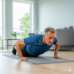 Fototapeta premium Mid-shot of an athletic senior man in his 60s doing push-ups on a yoga mat in his bright, modern living room, showing strength and vitality. 