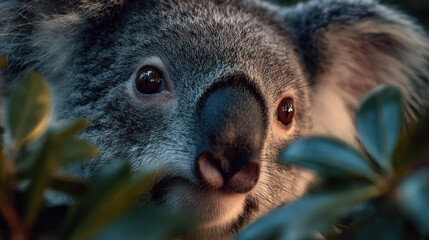 Obraz premium Close up Portrait of a Koala in Lush Green Foliage