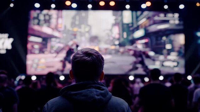 Rear view of a man watching live video game play on a big screen at an eSports gaming tournament