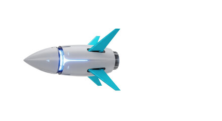 Fototapeta premium Futuristic matte transparent scientific probe with sharp cyan stabilizers, gliding with blue glow & vapor trail on transparent background. Concept of scientific exploration