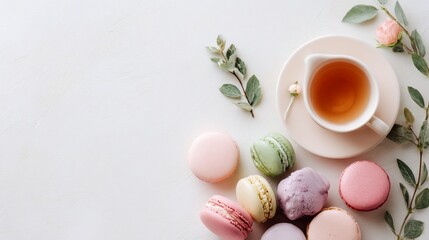 Macarons, tea, and floral elements on a white surface viewed from above