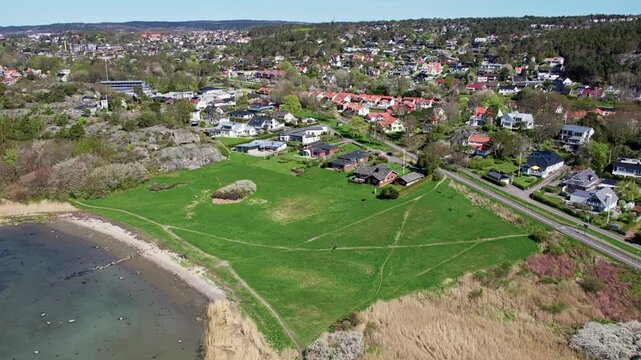 Seafront Residential Area Near Hovas Suburb In Askim, South Of Gothenburg, Sweden. Aerial Drone Shot