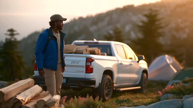 a forest campsite road with tents and fire pits cluttered with wood soft natural light at dusk a young man in a truck unloading natural poses as he stacks detailed textures