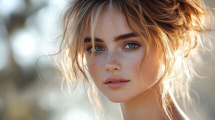 Messy high bun with wisps of hair falling naturally around the face the texture creating a carefree relaxed vibe set against a casual outdoor backdrop with warm sunlight filtering through