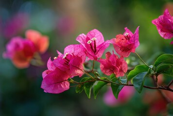 Close-up of vibrant pink bougainvillea flowers with green leaves in natural setting