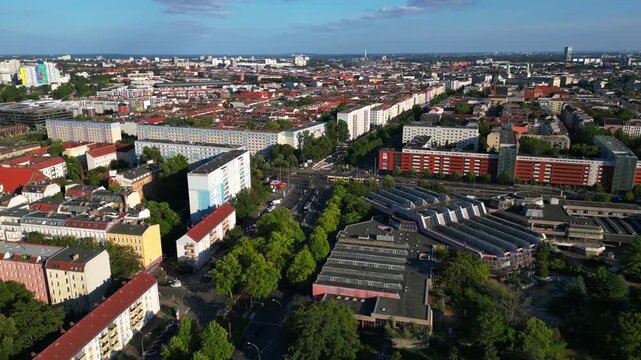 Berlin cityscape, Sez Volkspark Friedrichshain. Magic aerial view flight drone