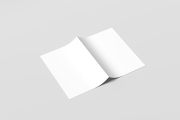 Realistic Bi-fold brochure mock-up. White paper flyer with isolated shadow. Blank card menu. Magazine cover with bi-fold catalog mock-up. A4, A3, A5 flyer for presentation.