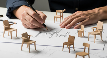 Hands sketching chair design, surrounded by miniature wooden chair models.  Illustrates furniture design process, showcasing creativity and craftsmanship