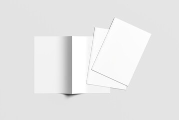 Realistic Bi-fold brochure mock-up. White paper flyer with isolated shadow. Blank card menu. Magazine cover with bi-fold catalog mock-up. A4, A3, A5 flyer for presentation.