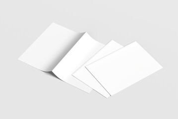 Realistic Bi-fold brochure mock-up. White paper flyer with isolated shadow. Blank card menu. Magazine cover with bi-fold catalog mock-up. A4, A3, A5 flyer for presentation.