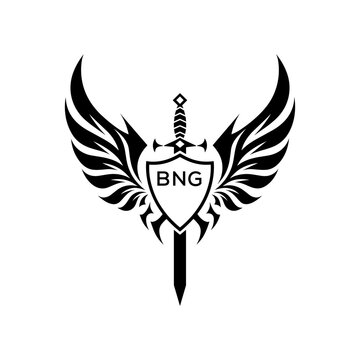 BNJ "Warrior Shield and Sword Emblem with Wings Logo," BNJ Later Logo, "Black Tribal Winged Sword Crest Vector,"

