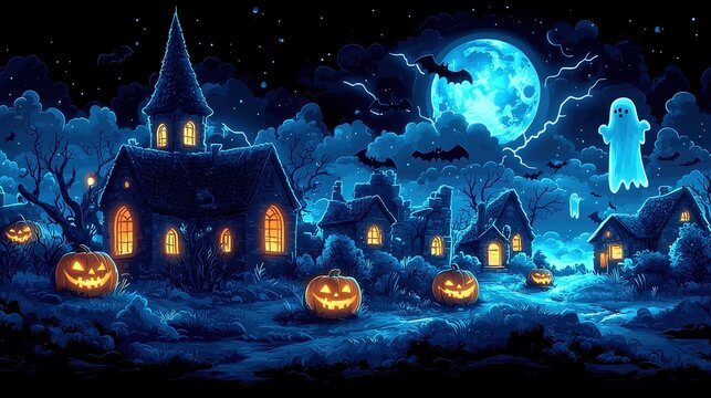 Halloween Night Scene with Pumpkin Lanterns, Haunted House and Ghost, Blue Fantasy Village Cartoon Illustration, 2D Game Hyper-Realistic Background,Halloween themed illustrations.