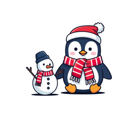 Cartoon penguin and snowman illustration for winter holiday theme
