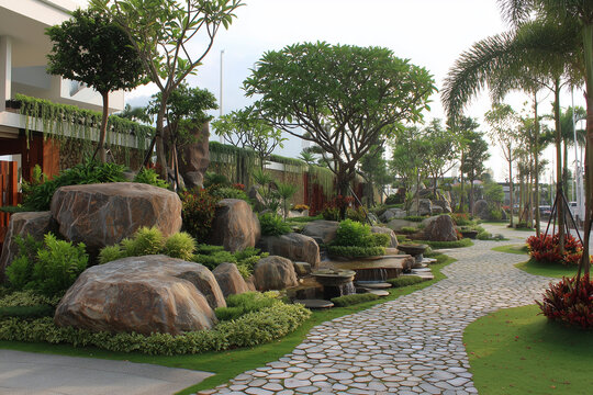 Minimalist garden with a combination of natural stone and green trees, stone paths, a cool and calming feel