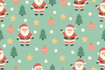 Cute seamless Christmas pattern featuring Santa Claus, Christmas trees, stars, ornaments, and snowflakes on a soft green background. Perfect for festive wrapping and holiday decor.