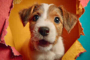 Vibrant colorful paper background torn to reveal curous puppy dog, frozen in acomical moment of surprise radiating playful curiosiy.