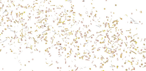 Beautiful image of gold and beige confetti falling on a white background. Perfect for celebrations, parties, and festive designs.