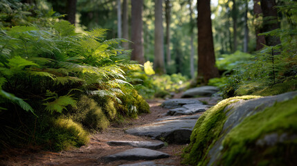 Obraz premium A forest path with moss and ferns, the lush scene illuminated by soft sunlight. Path, forest, with copy space