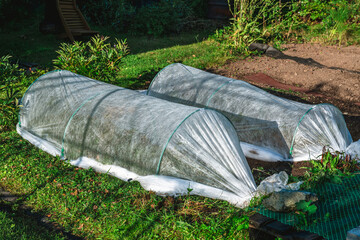 Low tunnels crafted from garden fabric provide essential protection for plants in a vegetable garden during winter months, promoting healthy growth and ensuring a bountiful harvest