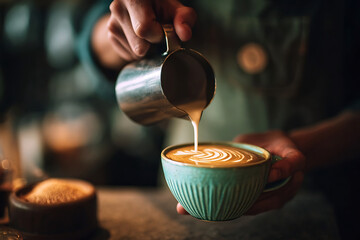 Skilled barista artfully pours steamed milk creating intricate latte art in a stylish ceramic cup, a true coffee masterpiece.