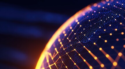 Close-up view of a digital globe illuminated by vibrant orange and blue lights, symbolizing global connectivity