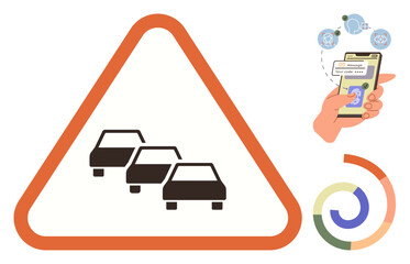 Traffic congestion warning in triangular sign, hand using smartphone for updates, circular data visualization. Ideal for transportation, navigation, technology, alerts, road safety, apps mobility