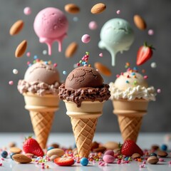 vibrant ice cream cones with levitating scoops, almonds, and decorated with colorful sprinkles creating a playful and whimsical confectionery scene, indulgence, frozen, gourmet, summer, refreshing