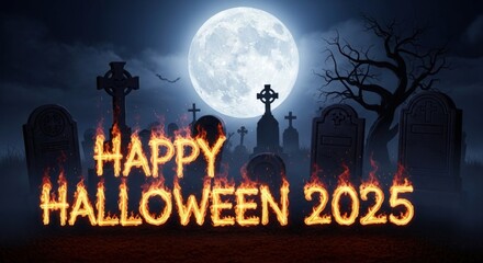 Spooky Halloween night scene with fiery message and full moon in graveyard