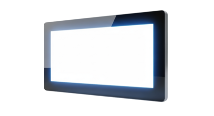 Sleek, ultra-modern charcoal grey digital display screen with subtle blue glow on clear content, isolated on transparent background, copy space, studio lighting, futuristic technology concept