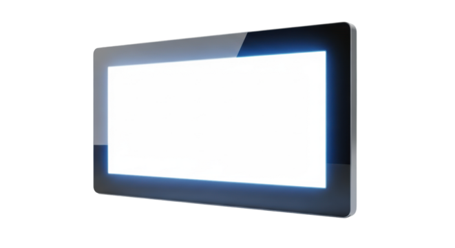 Sleek, ultra-modern charcoal grey digital display screen with subtle blue glow on clear content, isolated on transparent background, copy space, studio lighting, futuristic technology concept