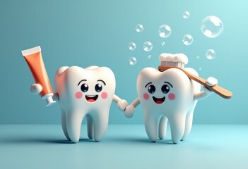 Obraz premium Happy cartoon 3d teeth, healthy, cleaned, no caries, with toothpaste and toothbrush, on blue background with soap bubbles