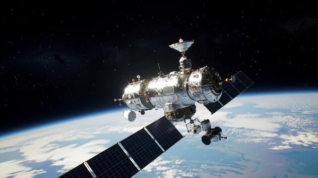 Space station orbiting Earth with solar panels deployed