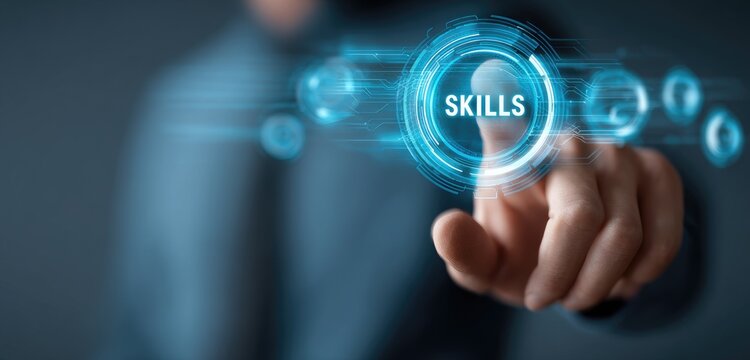 Businessperson touches a glowing SKILLS button on a futuristic interface - Powered by Adobe