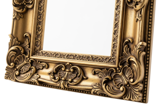 Ornate, antique gold leaf resin picture frame with intricate baroque and rococo carvings, macro shot against transparent, soft studio lighting, concept of luxurious artistry