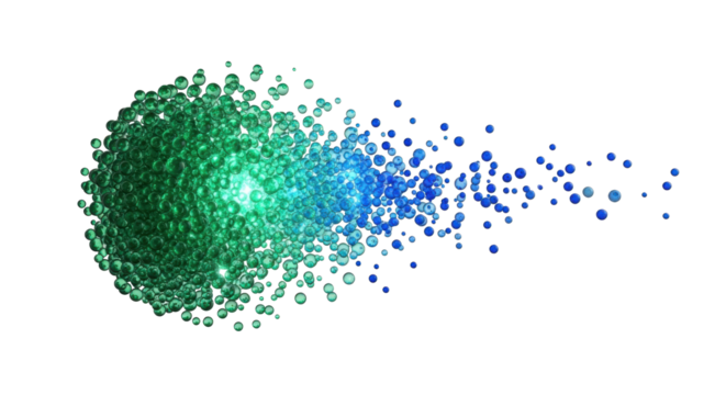 Iridescent emerald orbs coalesce, dynamically dispersing into luminous sapphire spheres with internal glow on a transparent studio background, concept of fluid cosmic motion