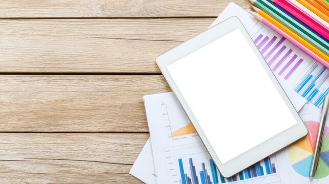 Blank tablet on wooden desk surrounded by colorful pens and business charts for creative workspace use