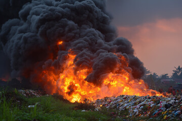 pile of burning plastic and paper waste, large blazing fire, black smoke billowing, rural background
