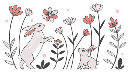 Fototapeta premium Illustration of Rabbits and Flowers in a Simple Floral Design.