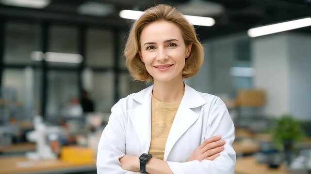 a modern research center with glossy equipment and screens bright controlled lighting on a middle aged scientist in a lab coat testing a wearable sensor confident pose as she mon
