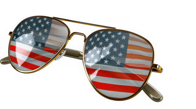 Aviator sunglasses with american flag reflection on the lenses isolated on transparent background