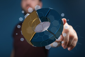 Person interacting with a 3D pie chart, data analysis, business intelligence, technology.