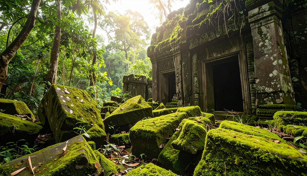 Ancient temple ruins covered in moss in a lush jungle, a historical landmark and popular travel destination in southeast asia