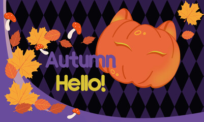 Cute halloween pumpkin with ears and text hello autumn framed with fall leaves. bright banner with autumn theme