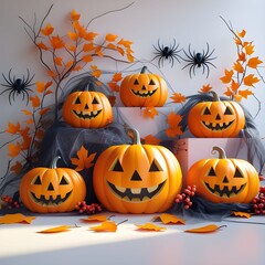 AI Generative. Playful Halloween Scene with Ghosts and Pumpkins. 10