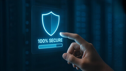 Hand Interacting with Futuristic Holographic Security Interface over Soft-Focus Server Background