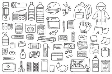 防災リュックと防災グッズにまつわる線画イラスト