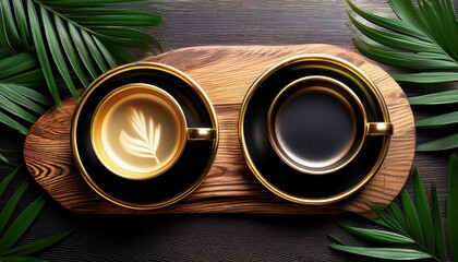 elegant gold and black coffee cups displayed with lush green tropical leaves on wooden platform