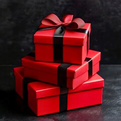 Fototapeta premium Stack of red gift boxes with ribbons on black background
