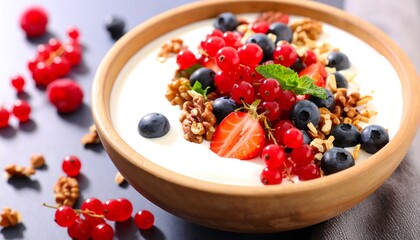 Healthy yogurt parfait with berries and nuts